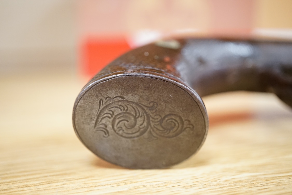 A six shot 120 bore self-cocking percussion pepperbox revolver with fluted barrels, Birmingham proof, rounded foliate engraved frame, and two-piece chequered walnut grips